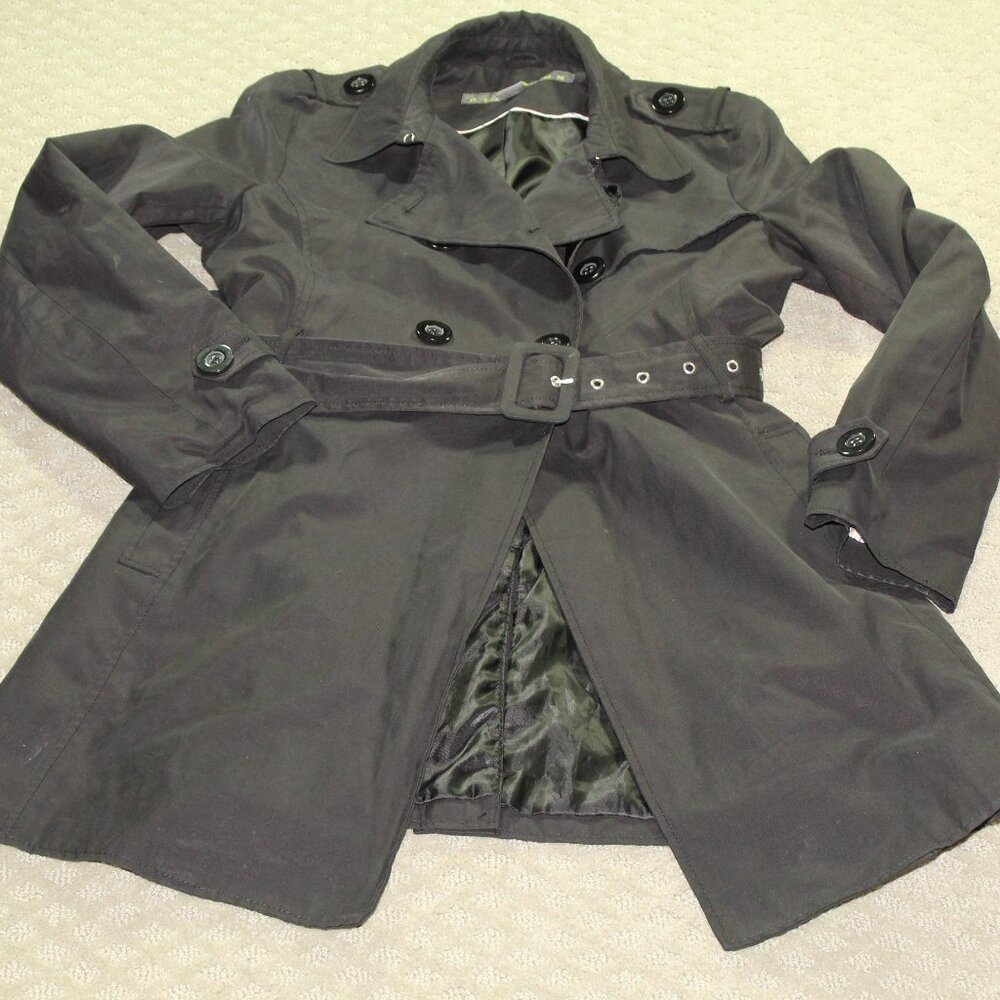 Kenneth Cole Reaction Trench Coat Womens Size Medium Classic Black Belted Button